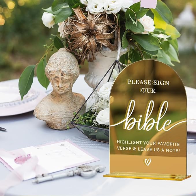 Acrylic Wedding Sign, Bridal Shower Decorations, Please Sign Our Bible Sign for Ceremony, Modern Font Table Signs, Gold Mirror Arched Acrylic Tabletop Signs for Wedding Reception and Event Party