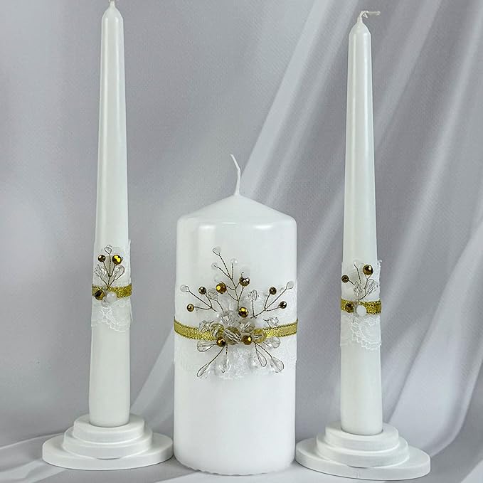 Unity Candle Set - Wedding Ceremony & Reception – 6” Pillar & Two 10” Taper Candles – Long Burning Unity Candles for Marriage Ritual – Handmade in USA – Diamond |Gold