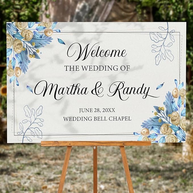 Editable Watercolor Wedding Welcome Sign, Boho Floral Template, Printable Blue Ceremony Decor, Minimalist Reception Signage