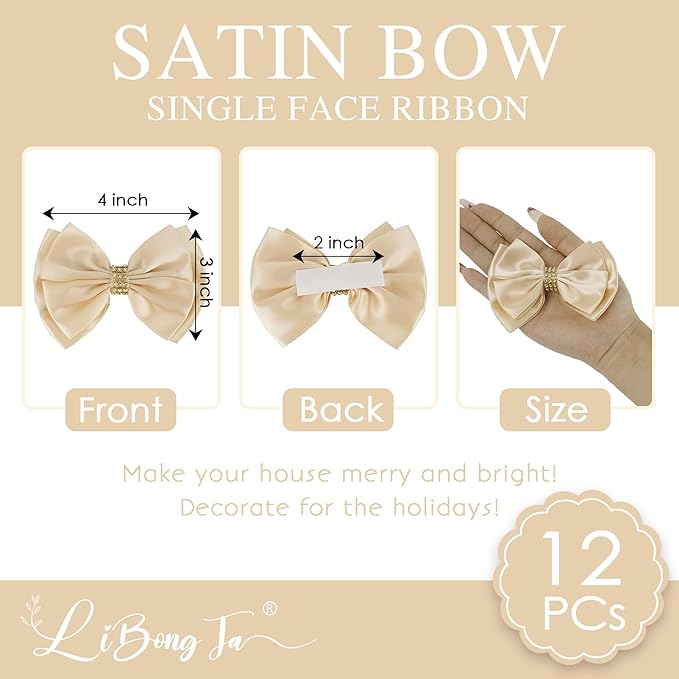 Champagne Gold Ribbon Bow 4'' Premade Satin Bows, Gift Bows with Rhinestone, Wrapping Bow for Presents, Greeting Cards, Treat Bags, Wine Bottle, Valentines Bows for Gift Wrapping-12 Counts