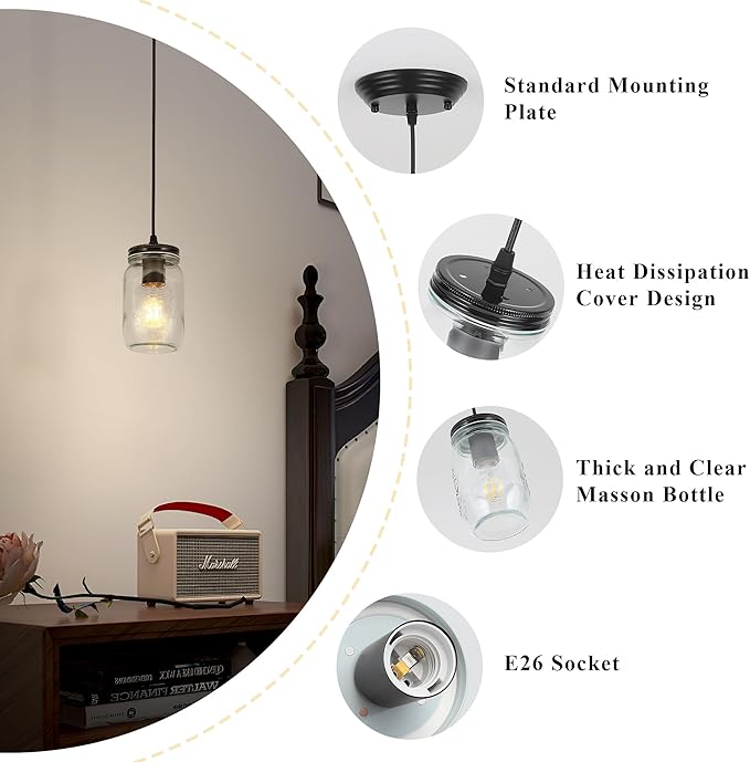 Black Pendant Lights, 2 Pack Clear Glass Pendant Lights Kitchen Island, Farmhouse Mason Jar Pendant Lighting, Mini Hanging Lights for Kitchen Sink Dining Room Bedroom Hallway