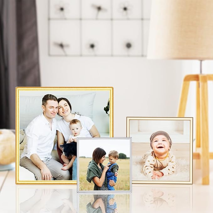 4x4 Picture Frame Silver Brushed Modern Simple Thin Aluminum Metal Photo Frame with HD Real Glass, Display for Tabletop and Wall Collage. (2 Pack)