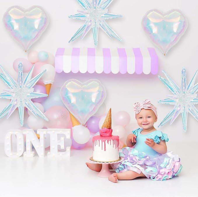 6Pcs Iridescent Foil Balloons, 22" 18" Heart Explosion Star Iridescent Balloons Large Holographic Clear Foil Balloon for Birthday Baby Shower Mermaid Rainbow Wedding Party Supplies