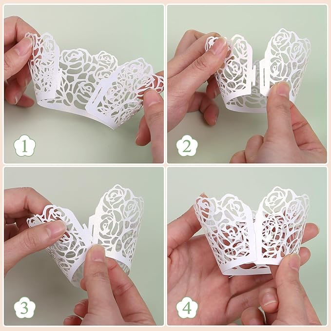 GWHOLE White Cupcake Wrappers, 50pcs Cupcake Liners with Rose Design Laser Cut Liners for Wedding Birthday Baby Shower Party Decorations Fancy Small Cupcake Decorations for Regular Cupcak
