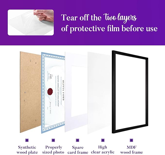 TWING 8.5 x 11 Picture Frame For Certificate, Diploma, Composite Wood Display photos 6x8 with Mat or 8.5x11 Without Mat, Black Document Picture Frames Collage for Wall Decor or Tabletop 6 Pack