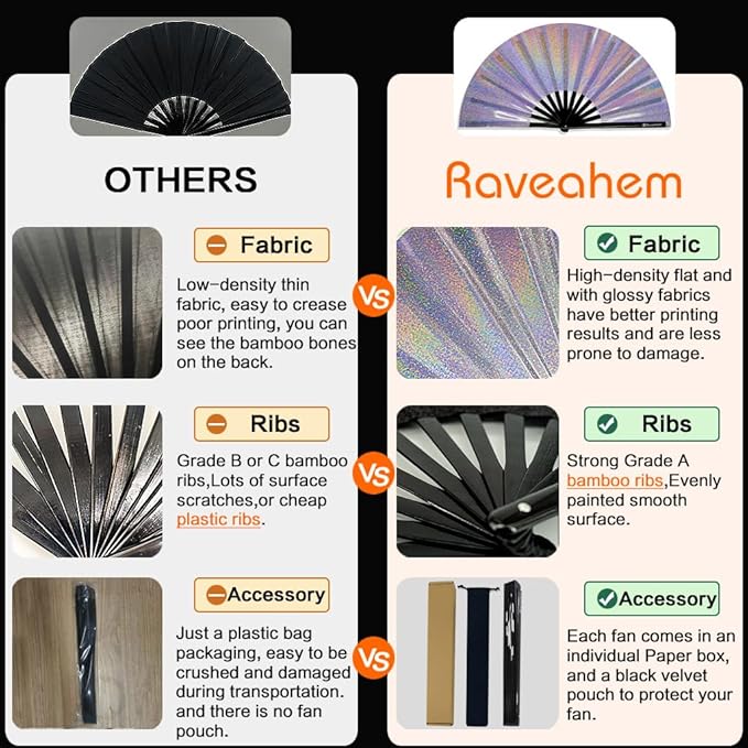 Large Rave Fan, Clack Folding Hand Fan with Premium Fabric, Thick Bamboo Frame for Men Women Gift for EDM, Festival, Club, Party, Dance, Decoration (Lridescent Purple, 13")