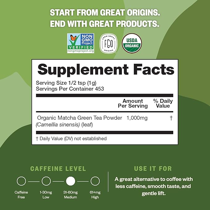 FGO Organic Matcha Green Tea Powder, Japanese Culinary Grade for Cooking, Baking, and Smoothies, 4 Ounce, Resealable Bag, Packaging May Vary (Pack of 1)
