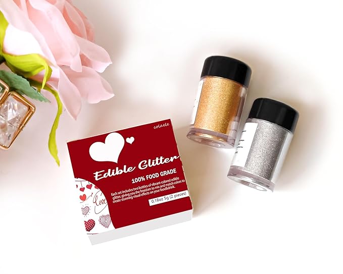 Gold Silver Edible Glitter Glimmer Powder for Cakes Drinks - Colaele 5 grams Food Grade Luster Dust Metallic Food Decorating Sprinkle Disco Brew Dust for Cake Decorations Wine Beverage Dessert, Vegan