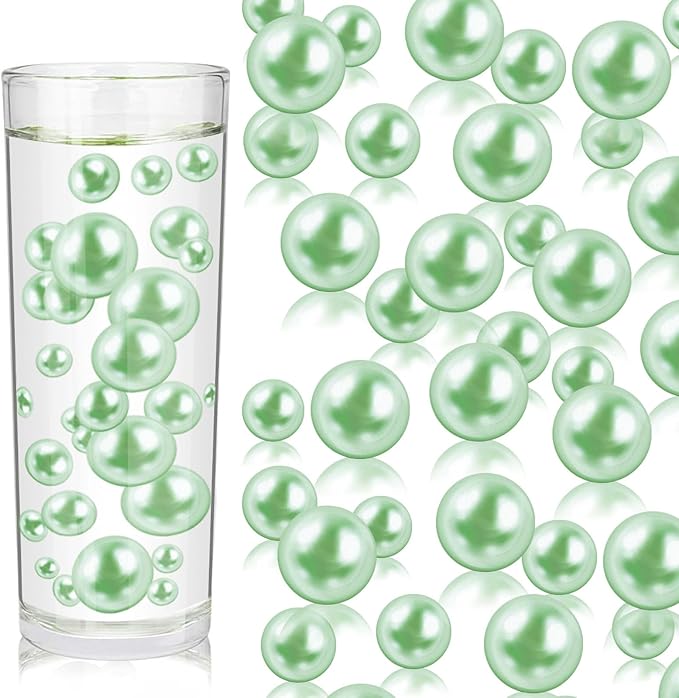 100PCS Faux Pearls Beads for Centerpiece Vases, Green Vase Filler Faux Pearls, No Holes Filler Beads for Mardi Gras St. Patrick's Day Party Wedding Table Decor, 14/20/30mm
