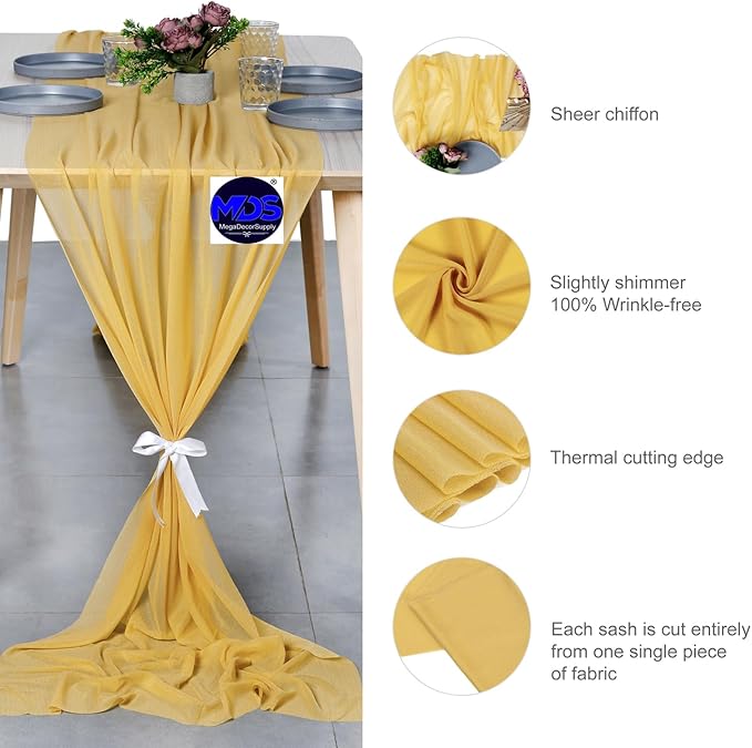 MDS 20 Pack 10ft Chiffon Table Runner 29 x 120 Inches Sheer Wedding Runner Romantic Rustic Table Runner for Wedding Decorations, Birthday Parties, Bridal Shower Party Arch Decor - Gold
