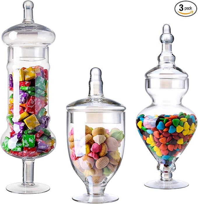 Set of 3 Apothecary Jar with lids, Glass Candy Container Set, Decorative Jars for Weddings & Party, Elegant Storage Candy Canister, Iridescent (H: 9", 12.5", 14"; 20 FL.OZ, 23 FL.OZ and 28 FL.OZ)