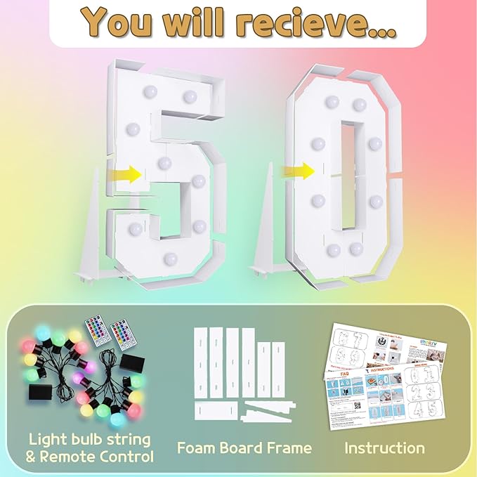 Marquee Numbers Colorful 50th-Birthday Decoration: 4FT Large Light Up 50 Year Old Birthday Decorations Anniversary Backdrop for Men Women Cardboard White Sign 18 Colors Number 50 Mosaic Balloon Frame