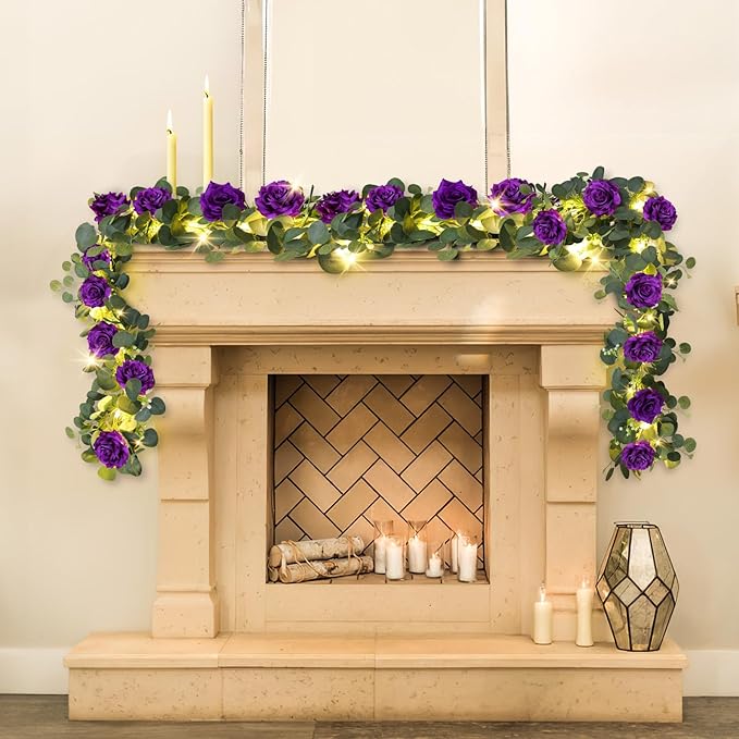 MACTING 4 Pack 26.4FT Eucalyptus Garland with Lights - Spring Gypsophila Flower Garlands with 48 Purple Roses Artificial Floral Greenery Vines for Arch Table Centerpieces Backdrop Party Wedding Decor