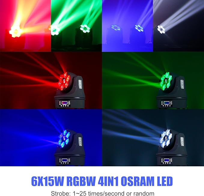 6x15W Mini Bee Eye Moving Head DJ Light, 90W LED RGBW Stage Light Rotate Beam Spot Effect, DMX Sound Activated Remote Control for Parties Wedding Bar Church Show (RGBW 4in1)