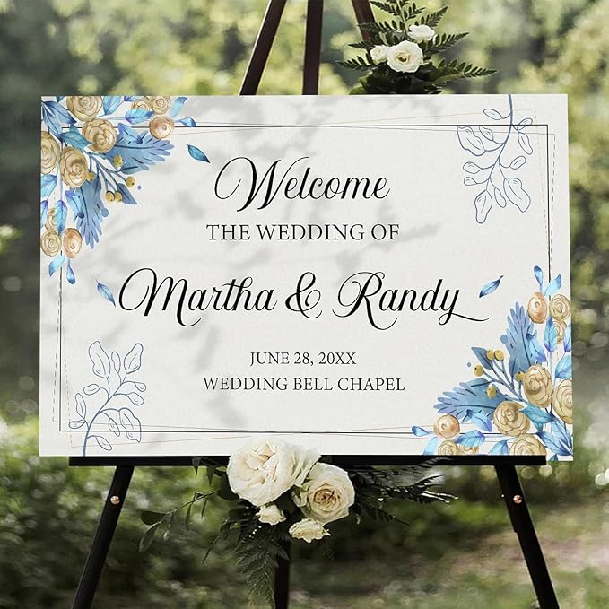 Editable Watercolor Wedding Welcome Sign, Boho Floral Template, Printable Blue Ceremony Decor, Minimalist Reception Signage