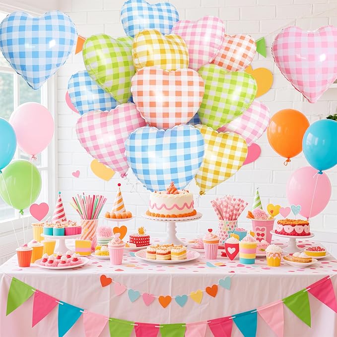 Colorful Checkered Heart Balloons,12Pcs 18Inch Rainbow Grid Heart Shaped Foil Helium Polyester Film Balloons for One Silly Goose Birthday Baby Shower Party Decorations