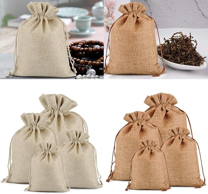 Lucky Monet 25/50/100PCS Burlap Gift Bags Wedding Hessian Jute Bags Linen Jewelry Pouches with Drawstring for Birthday, Party, Wedding Favors, Present, Art and DIY Craft (50Pcs, Coffee, 5” x 7”)