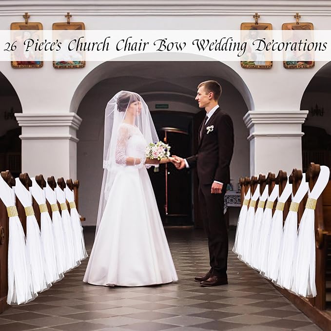 Large White Pew Bows Tulle Wedding Aisle Chair Decorations, Extended Church Pew Decor Aisle Flowers Runner for Weddings Ceremony Outside Decorations (26, Gold Wrap)