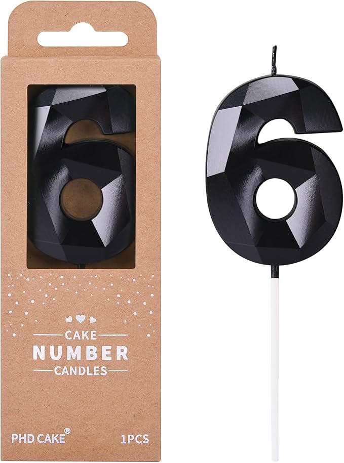 PHD CAKE 2.76 Inch Crystal Black 6 Number Birthday Candles, Black Number Candles, Cake Number Candles, Party Celebration