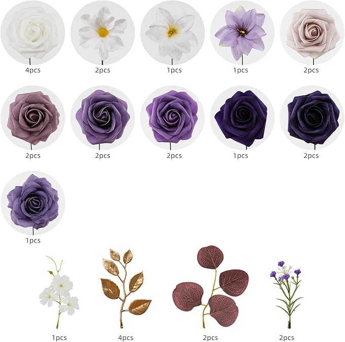Floweroyal Artificial Flowers Combo Purple Flowers Mix Silk Flowers Fake Roses with Stems for DIY Wedding Bridal Bouquets, Baby Shower, Floral Arrangement, Table Centerpieces, Home Decorations