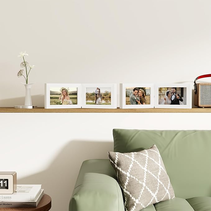 decorUhome Double 6x4 Picture Frame Horizontal, Engineered Wood Bifold Photo Frame with Plexiglass for Tabletop Display, 6x4, White
