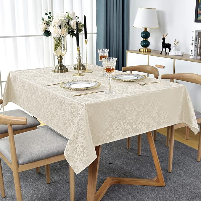 SASTYBALE Jacquard Tablecloth Rectangle 60 x 120 Inch Beige, Spill Proof Stain Resistant Damask Table Cloth, Washable Polyester Table Cover for Dining, Party, Indoor, Outdoor (Off White, Oblong)