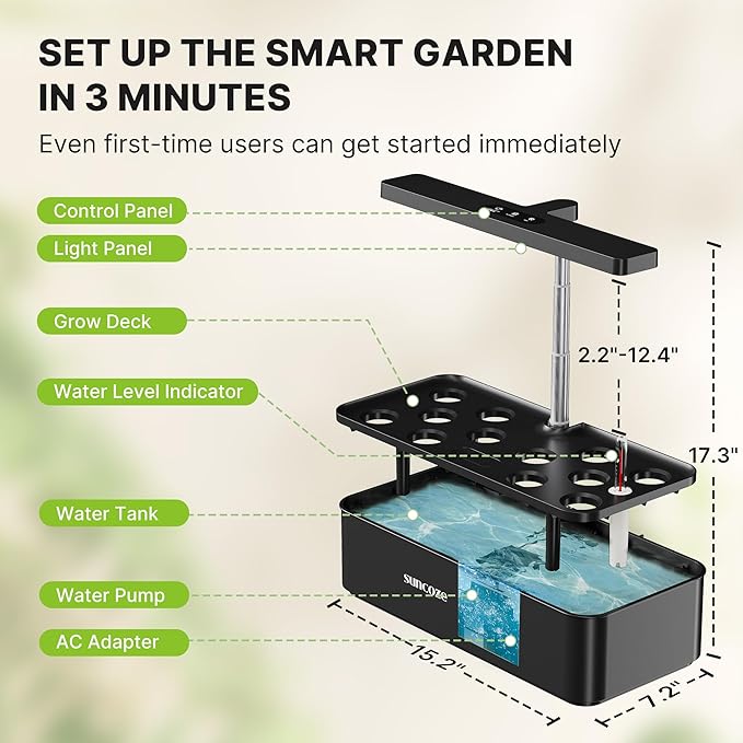 SUNCOZE Hydroponics Growing System Kit 12 Pods, 24W LED Grow Light Indoor Garden, 4L Water Tank with Quiet Pump, Adjustable Height Herb Garden Planter Indoor Kit, Gardening Gifts, Black