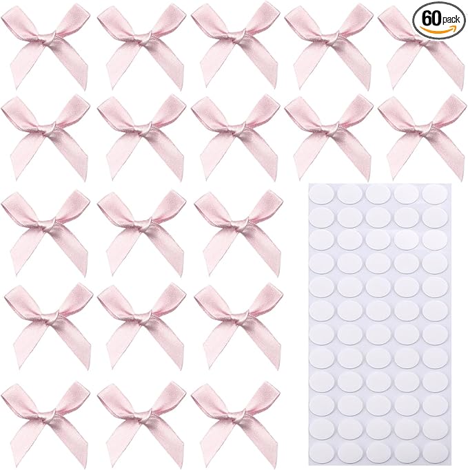 60pcs 1.7" Mini Pink Ribbon Bows Decor – Small DIY Satin Bows for Crafts, Little Bows for Gift Wrapping, Tiny Bow Stickers for Note Card Bow Baby Shower Cake and Candle Decorations