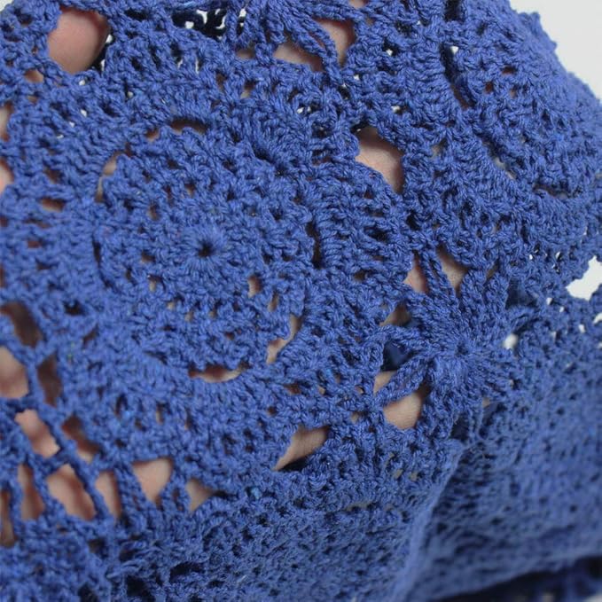 KEPSWET Cotton Handmade Crochet Lace Table Runner Blue Rectangle Coffee Table Dresser Decor (14x36 inch)