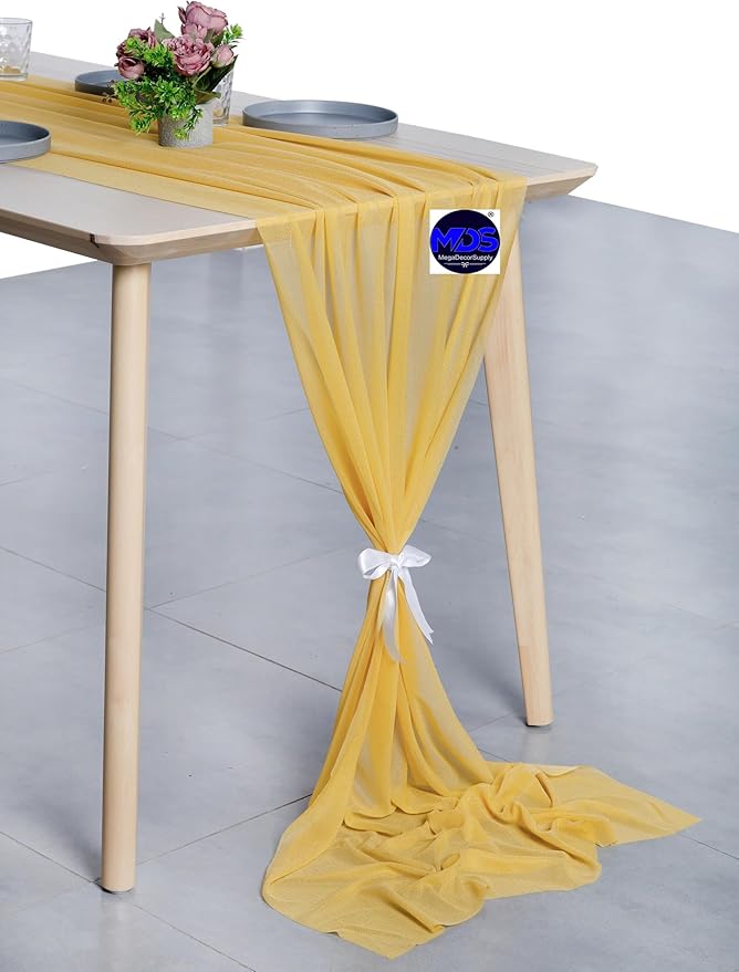 MDS 10 Pack 10ft Chiffon Table Runner 29 x 120 Inches Sheer Wedding Runner Romantic Rustic Table Runner for Wedding Decorations, Birthday Parties, Bridal Shower Party Arch Decor - Gold