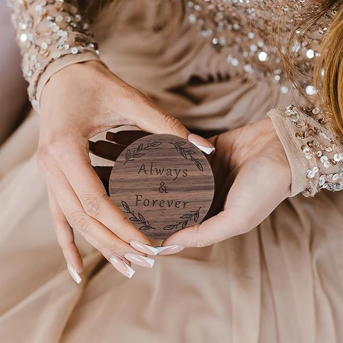 Ring Box, Wooden Ring Box for Wedding Ceremony Ring Bearer Box, Engagement Ring Holder Gift for Anniversaries day, Birthday Gift (Always&Forever)