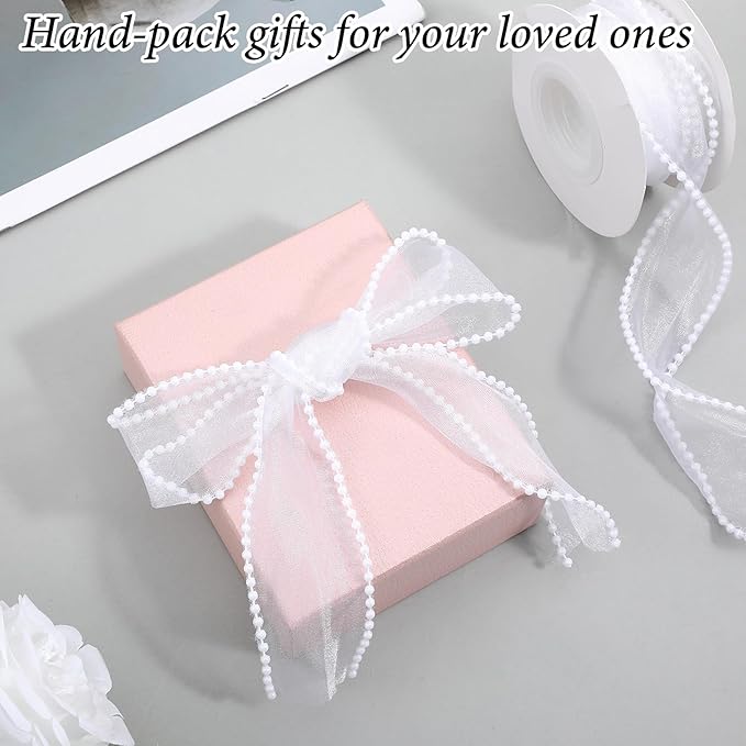 1.5 Inch Faux Pearl Ribbon, Smooth White Ribbon with Pearl Edges Wire, 4.5m Sheer Mesh Ribbons for Gift Wrapping, Bows Bouquet Decor Crafts, Wedding Bridal Decorations
