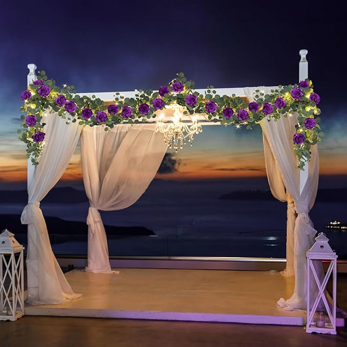 MACTING 6.6FT Flower Garland with Lights - Spring Gypsophila Eucalyptus Garland with 12 Purple Roses Artificial Floral Greenery Vine for Arch Table Centerpieces Backdrop Party Home Wedding Decor