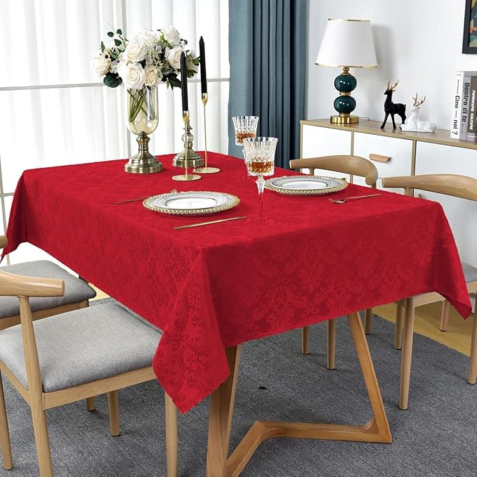 Jacquard Christmas Tablecloth Rectangle 52 x 70 Inch, Waterproof Wrinkle Free Floral Damask Table Cloth, Soft Fabric Table Cover for Xmas, Holiday, Winter, Holiday, Party, Wedding, Red