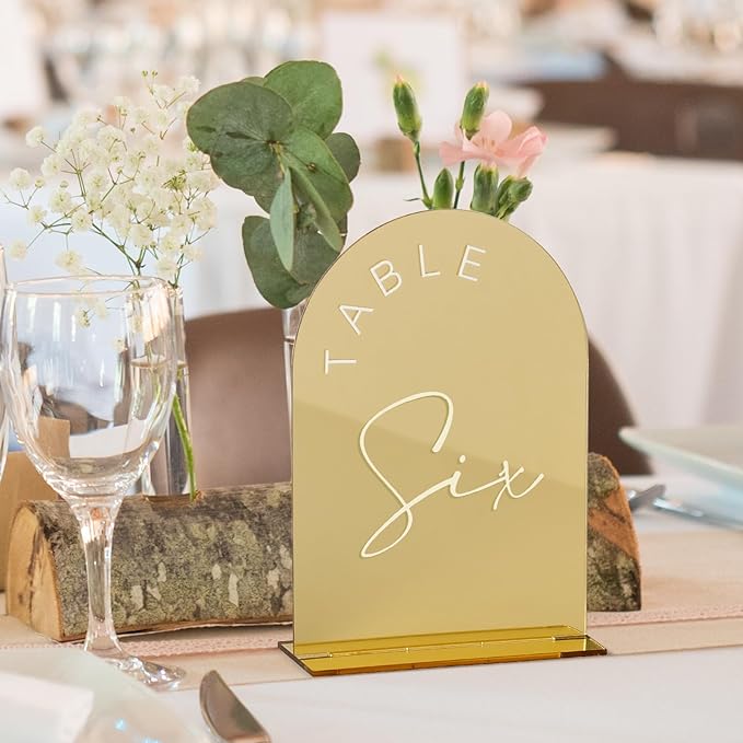 Gold Mirror Arched Wedding Table Numbers with Stands 1-30, 5x7 Inch Acrylic Arch Sign with Holder, Gold Arch Acrylic Table Numbers for Wedding Reception(1-30, 5"x7")