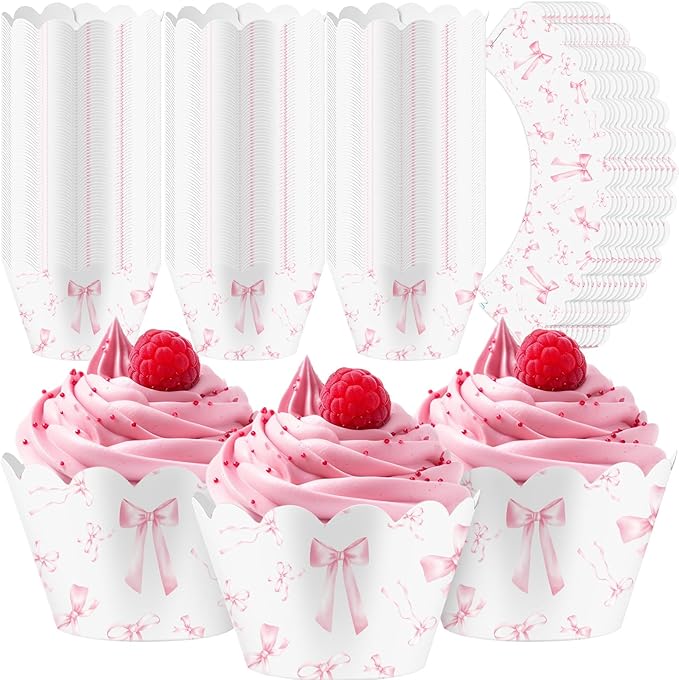 Domensi 100 Pcs Pink Bow Cupcake Wrappers Rustic Cupcake Liners Pink Baking Cups Baking Liners for Wedding Bridal Baby Shower Birthday Breast Cancer Awareness Party Supplies Dessert Decoration