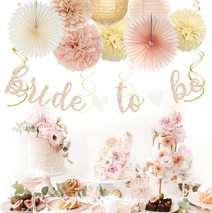 Champagne-Gold Beige Fall Bridal-Shower Party-Decorations - 36pcs Bride To Be Banner,Bachelorette Paper Lanterns,Wedding Streamers Garland,Boho Peach Tissue Pom Poms Flower Fan Decor Supplies Burgleda