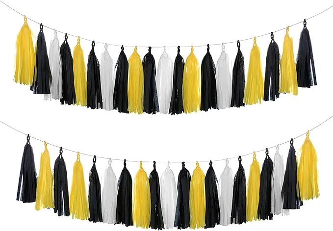 Yellow White and Black Tassel Garland Banner Paper Tassels for Party Decorations,Pack of 15