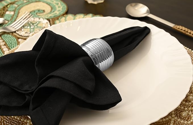 Silver Napkin Rings Set of 12, Beaded Napkin Rings - Rust Resistant, Durable Heavy Duty Napkin Holders for Family, Gatherings, Party, Farmhouse, Modern & Outdoor Dining Décor- ALPHA Living HOME