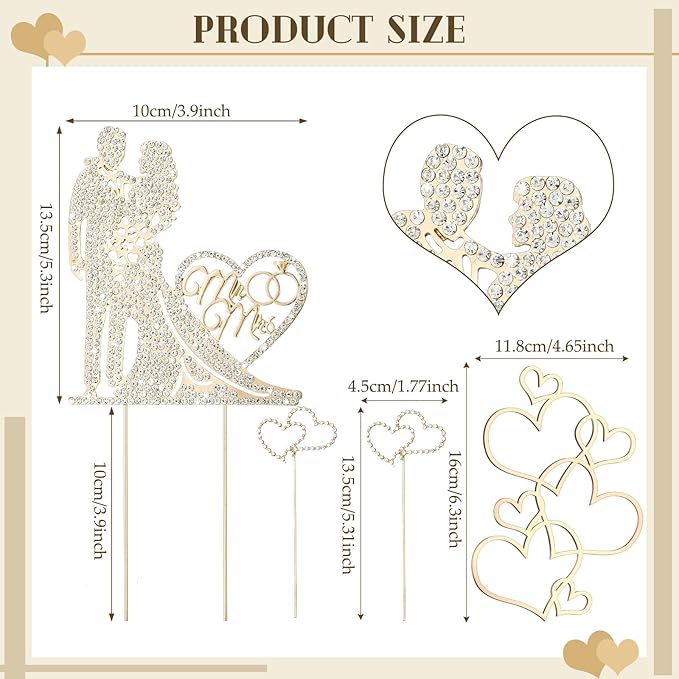 Spiareal 4 Pcs Wedding Cake Topper Mr and Mrs Rhinestone Bride and Groom Love Cake Topper Metal Crystal Heart Shaped Happy Engagement Anniversary Funny Diamond Party Decor for Bridal Shower(Gold)