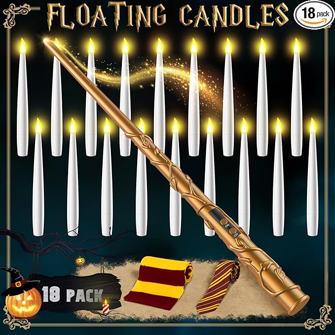 Halloween Floating Candles 18 Pcs - Magical Flameless Candles with Wand Flickering Warm Lights Ideal for Indoor Window Bedroom Halloween Cosplay Birthday Theme Party Decor