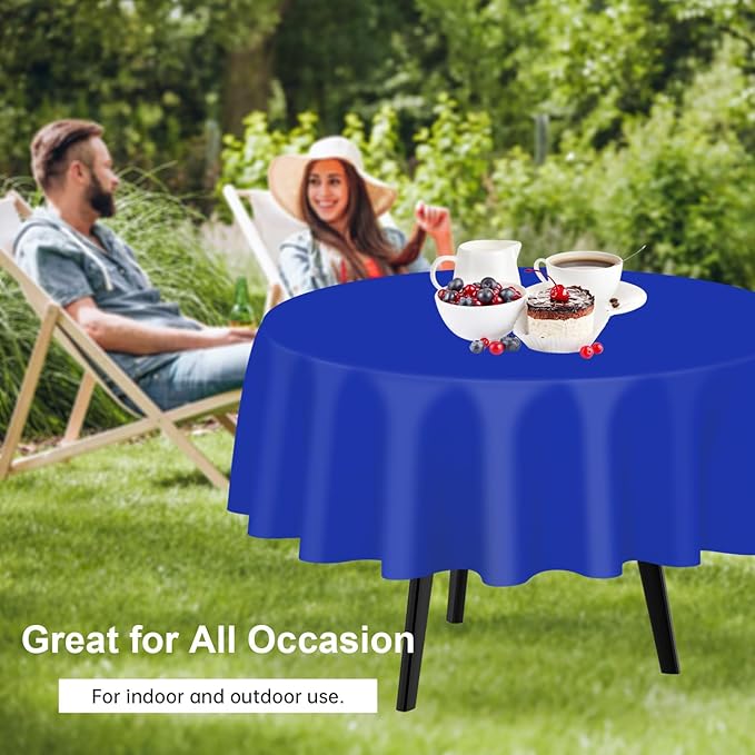 QIKSION Dark Blue Round Tablecloth 12 Pack, 84 Inch Plastic Table Cover Disposable for Parties