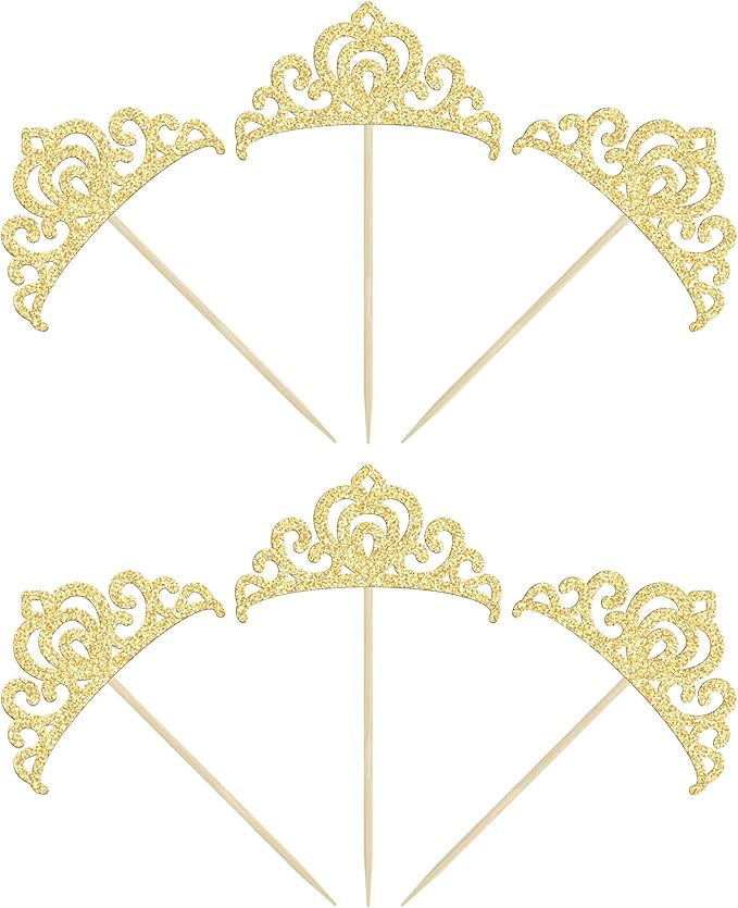 Gyufise 24Pcs Gold Princess Crown Cupcake Toppers Glitter Princess Cake Pick Decorations for Wedding Girl Birthday Baby Shower Party Decorations