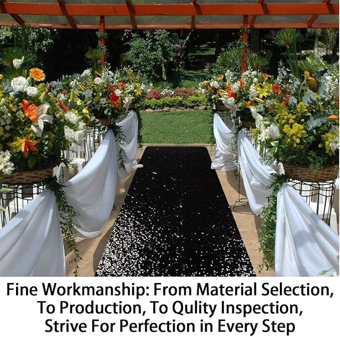 ShinyBeauty 4FT x 15FT Black Aisle Runner Tape | Shimmer Fabric Wedding Floor Runners with Glitter Carpet for Elegant Events
