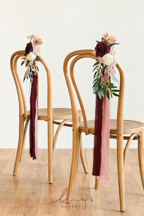 Ling's Moment 8pcs Aisle Pew Artificial Flowers Arrangements for Wedding Ceremony Chair Back Floral Decorations with Chiffon Ribbon Marsala Blush Pink Reception Church Rose Faux Hanging Party Outdoor