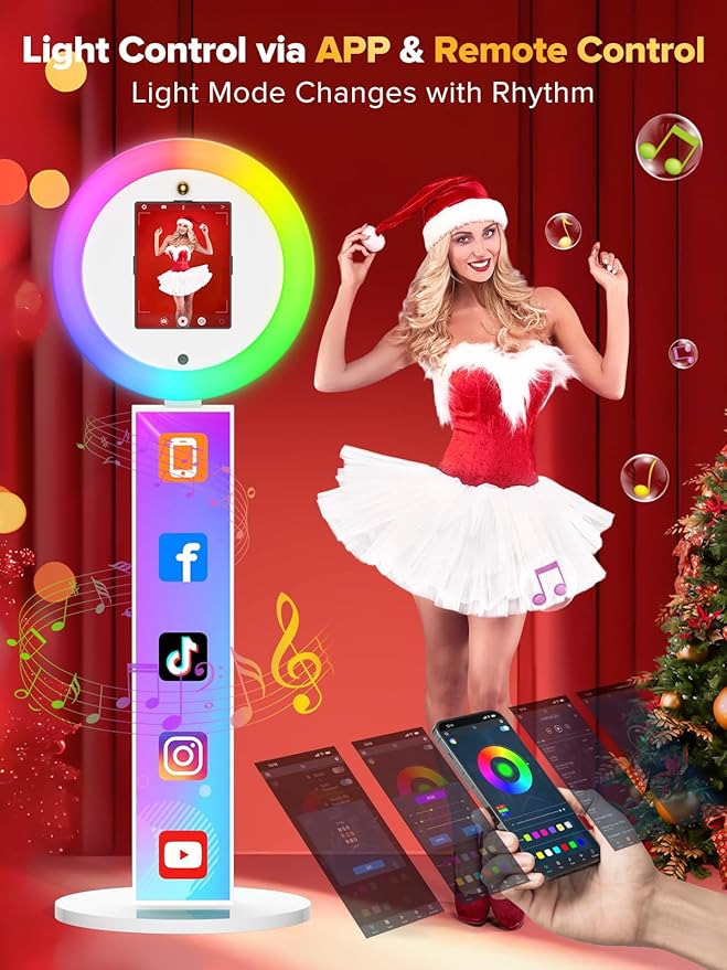 Portable Photo Booth,Selfie Photo Booth with RGB Ring Light Free Customizable Logo Photo Booth Machine for Christmas Wedding Party Booth APP Control Flight Case White