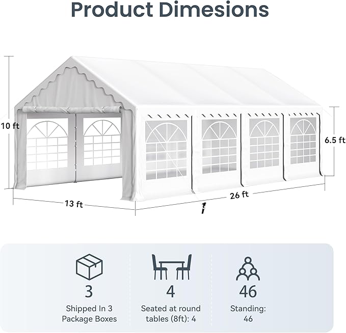 PHI VILLA 26'x13' Outdoor Heavy Duty Party Tent Large Commercial Canopy Wedding Event Tent Shelter Canopy Carport with Removable Sidewalls & 3 Storage Bags for Patio Outdoor Garden Events, White