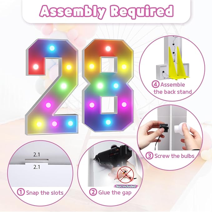 Marquee Numbers 28th-Birthday Decoration: Colorful 3FT Large Light Up 28 Year Old Birthday Decorations Anniversary Backdrop for Boys Girls Cardboard Sign 18 Colors Number 28 Mosaic Balloon Frame