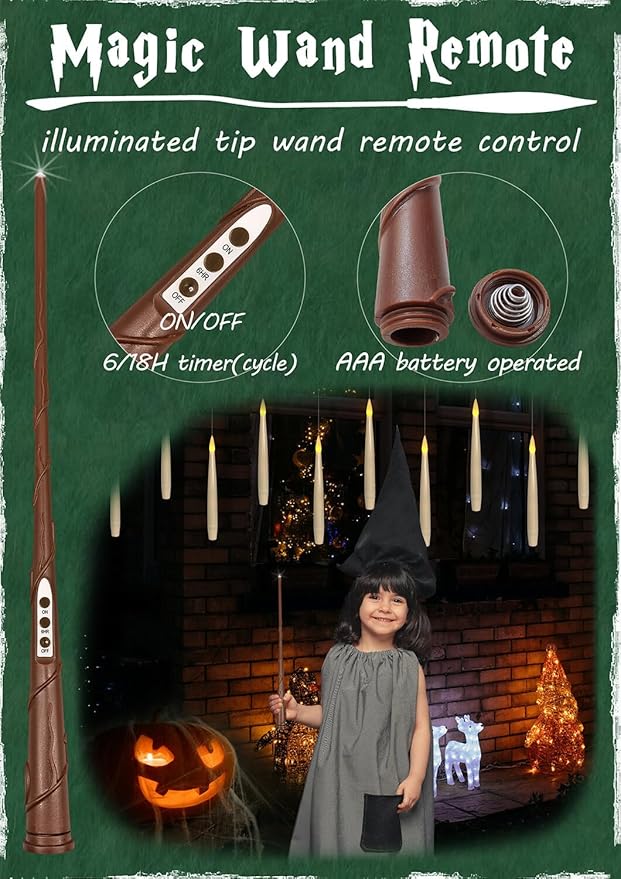 Leejec Floating Candles with Magic Wand Remote(6/18H Timer), 12pcs 6.1" Hanging Flameless Taper Candles, Battery Operated Flickering Warm Light, Halloween Christmas Gift, Wedding Party Decor (Ivory)