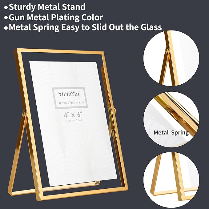 Gold 5x7'' Floating Frame Set of 2, For Photo Sizes 3.5x5'', 4x6'', 5x7'', Luxury Modern Gold Metal Frames for Tabletop/Shelf, Wedding, Birthday, Home or Office Decoration